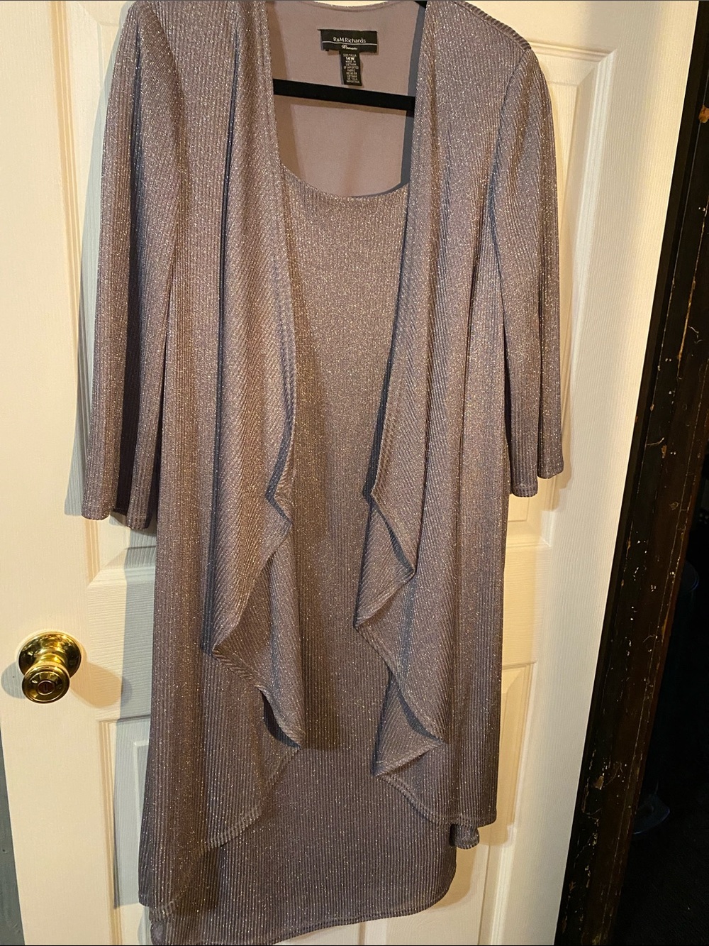 R&M Richards Shimmery Taupe Metallic Knit Dress with Matching Drape Jacket